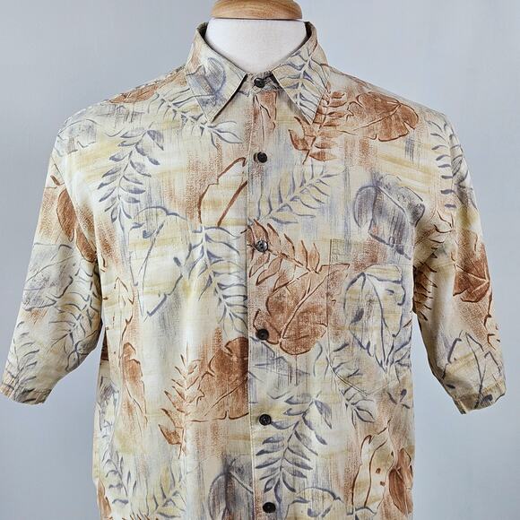 Tori Richard Cotton Lawn Tropical Print Brown Gray Hawaiian Shirt | Men's Medium - Picture 11 of 16